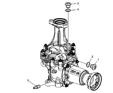 Fig. 43: Transfer Case Oil Fill Plug, Oil Drain Plug And Vent Hose Connector