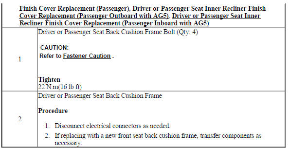 Driver or Passenger Seat Back Cushion Frame Replacement
